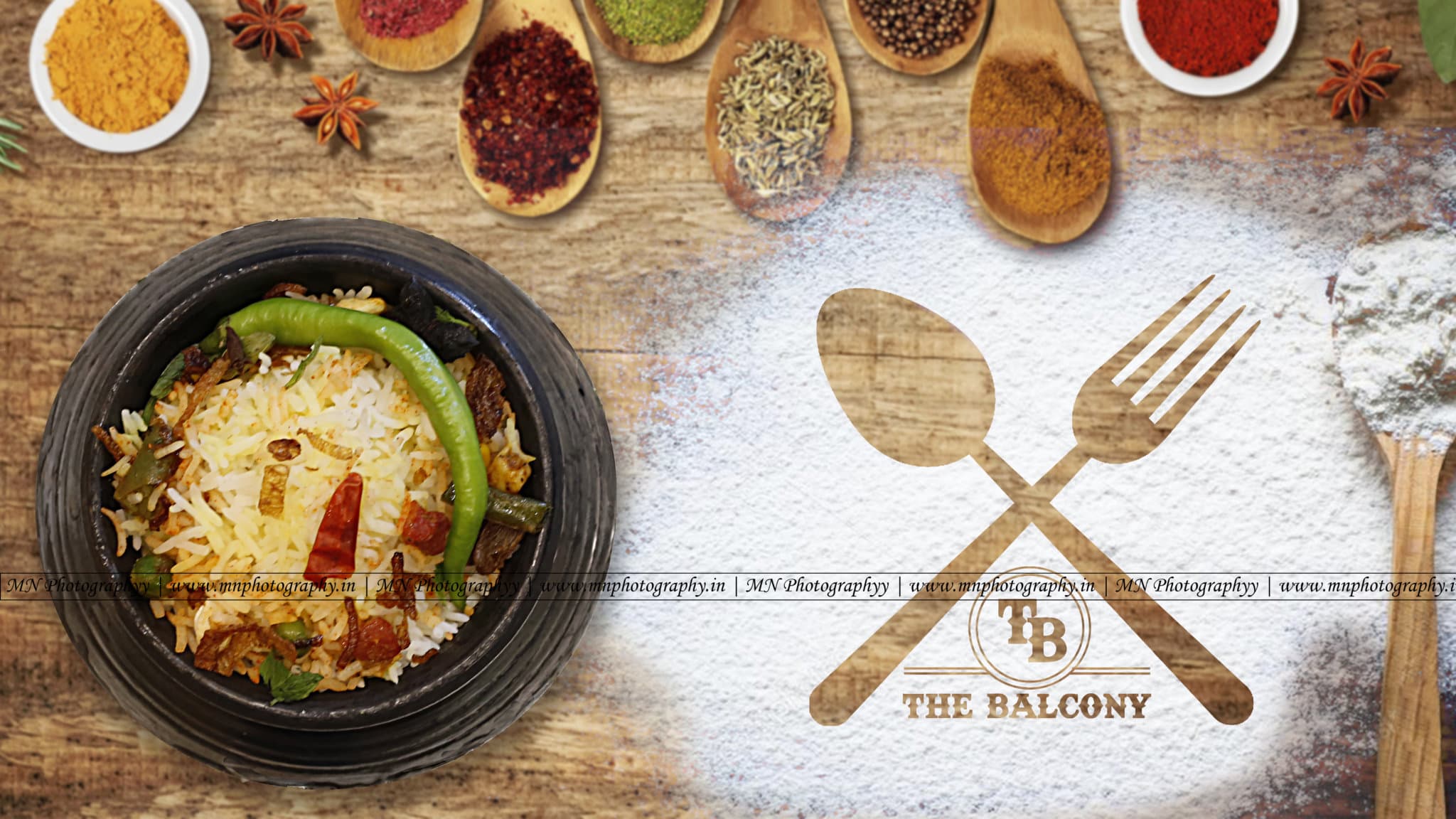 Restaurant dish styled with spices flat-lay for The Balcony menu — food photography Udaipur