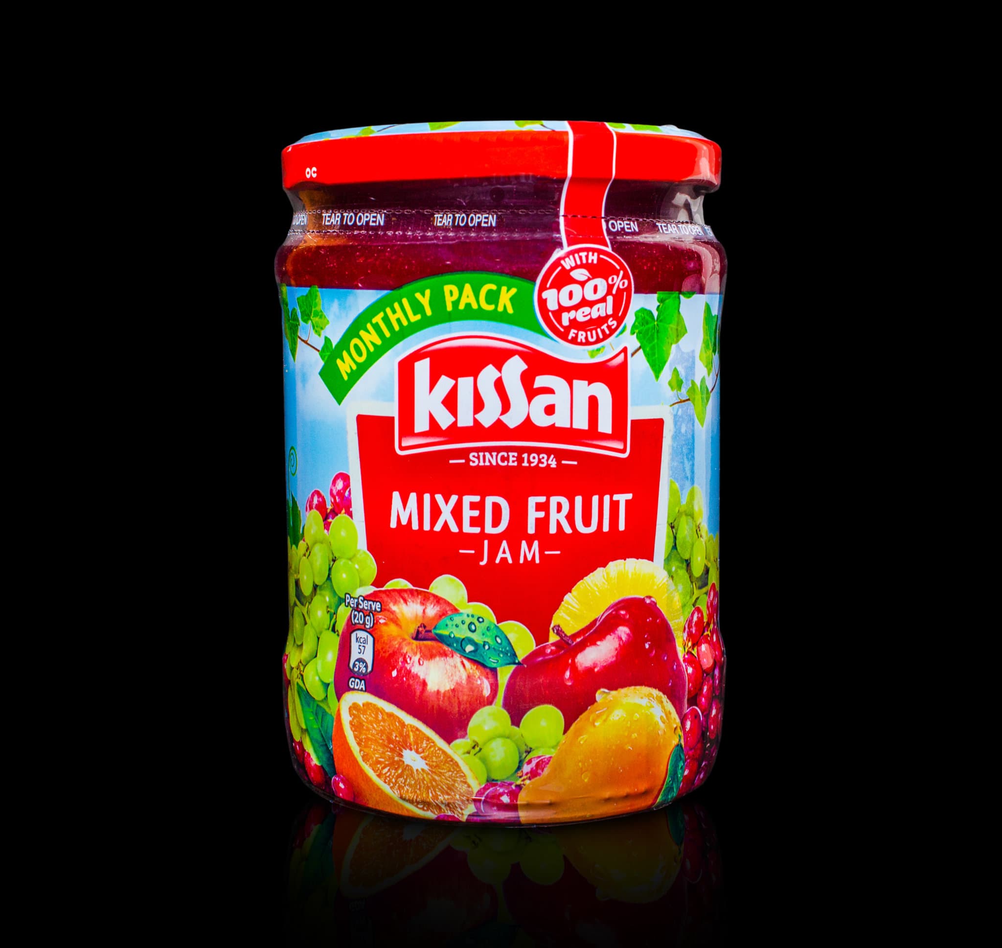 Kissan Mixed Fruit jam jar packaging hero shot — packaged food FMCG photography Udaipur