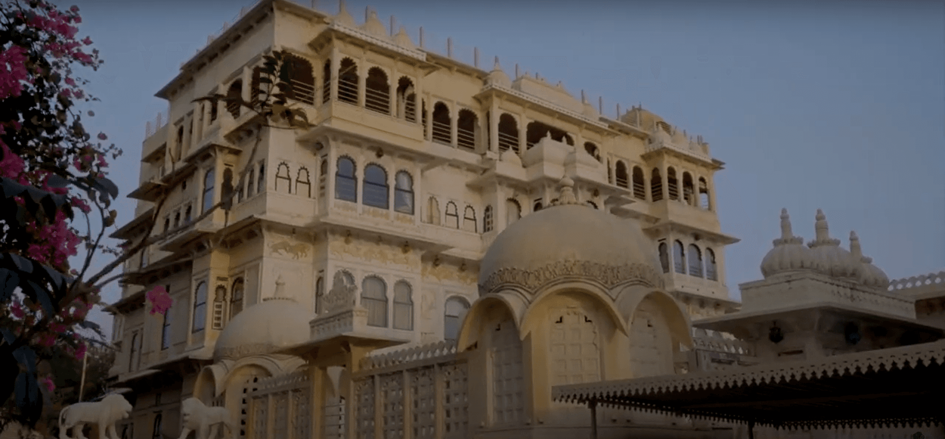 Aerial twilight photography of lake palace resort in Udaipur