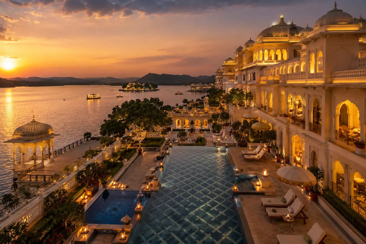 Luxury resort exterior photography during golden hour at Aravalli destination